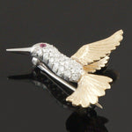 Engraved Two Tone Solid 14K Gold Diamond & Ruby Eye Hummingbird Pin, Brooch, Olde Towne Jewelers, Santa Rosa CA.
