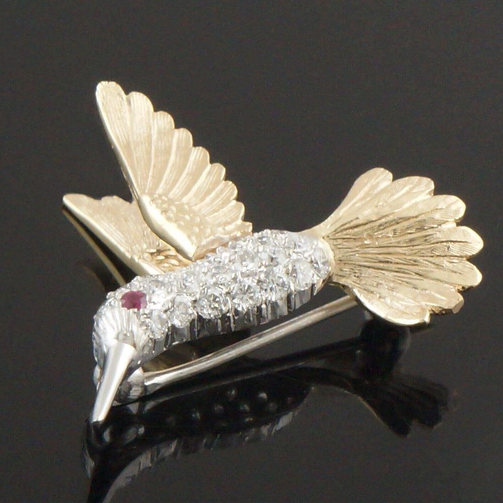 Engraved Two Tone Solid 14K Gold Diamond & Ruby Eye Hummingbird Pin, Brooch, Olde Towne Jewelers, Santa Rosa CA.
