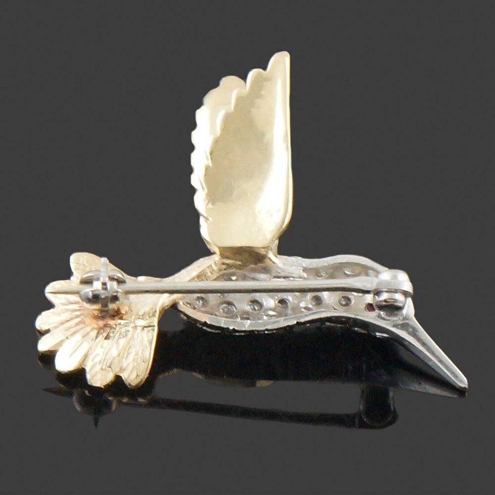 Engraved Two Tone Solid 14K Gold Diamond & Ruby Eye Hummingbird Pin, Brooch, Olde Towne Jewelers, Santa Rosa CA.