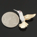 Engraved Two Tone Solid 14K Gold Diamond & Ruby Eye Hummingbird Pin, Brooch, Olde Towne Jewelers, Santa Rosa CA.