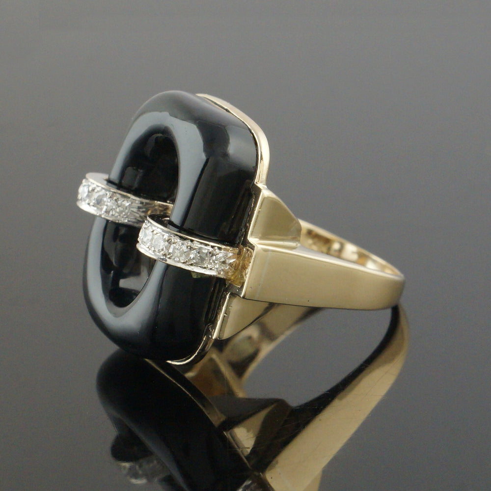 Modernist Two Tone Solid 14K Gold, Open Oval Onyx & Diamond Estate Cocktail Ring