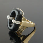 Modernist Two Tone Solid 14K Gold, Open Oval Onyx & Diamond Estate Cocktail Ring