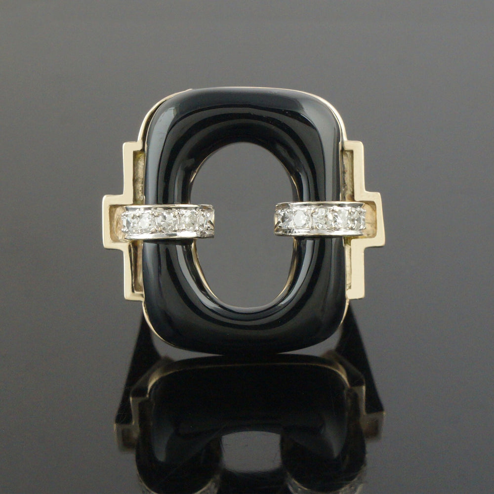 Modernist Two Tone Solid 14K Gold, Open Oval Onyx & Diamond Estate Cocktail Ring, Olde Towne Jewelers, Santa Rosa CA.