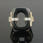 Modernist Two Tone Solid 14K Gold, Open Oval Onyx & Diamond Estate Cocktail Ring, Olde Towne Jewelers, Santa Rosa CA.