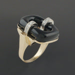 Modernist Two Tone Solid 14K Gold, Open Oval Onyx & Diamond Estate Cocktail Ring, Olde Towne Jewelers, Santa Rosa CA.