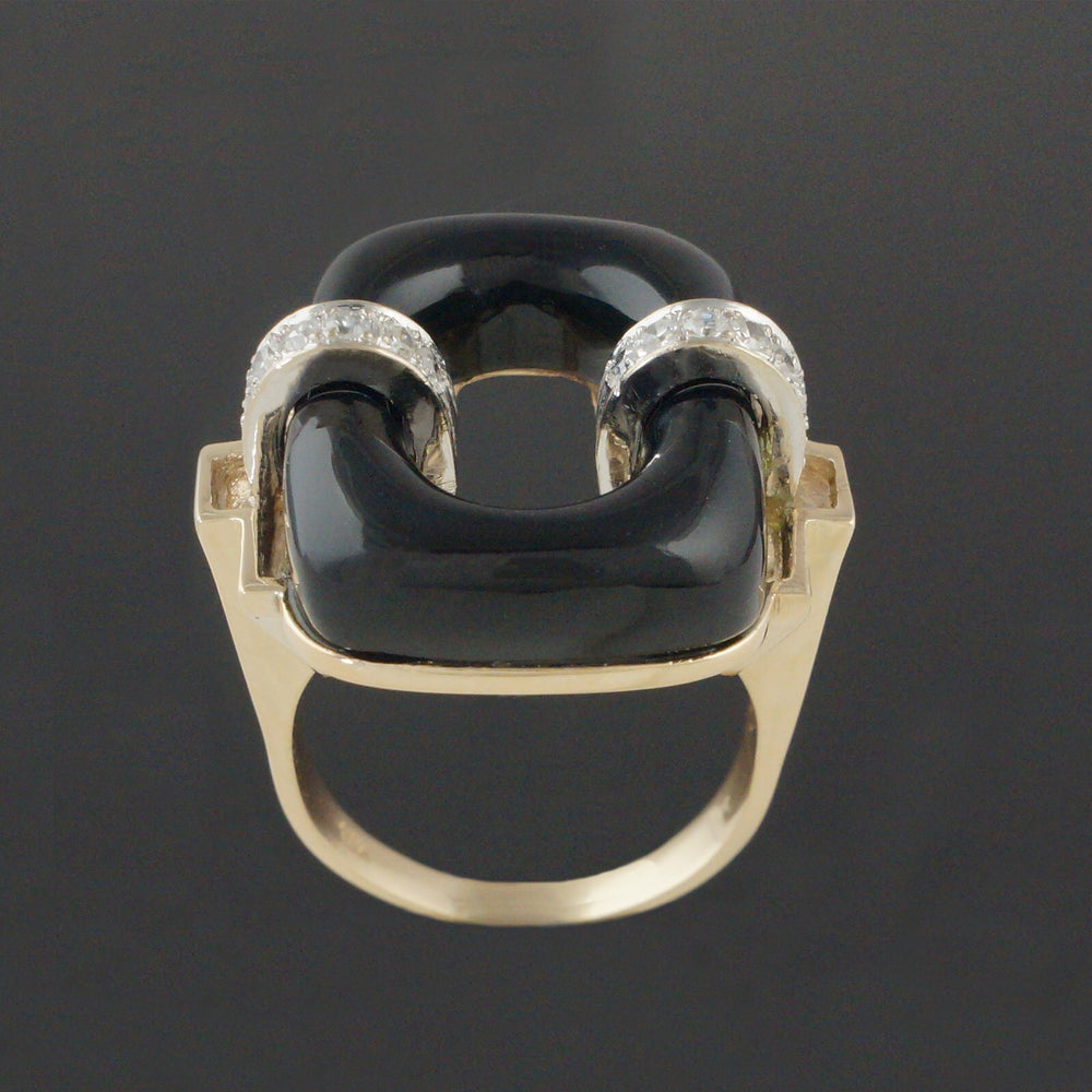 Modernist Two Tone Solid 14K Gold, Open Oval Onyx & Diamond Estate Cocktail Ring, Olde Towne Jewelers, Santa Rosa CA.