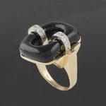 Modernist Two Tone Solid 14K Gold, Open Oval Onyx & Diamond Estate Cocktail Ring, Olde Towne Jewelers, Santa Rosa CA.