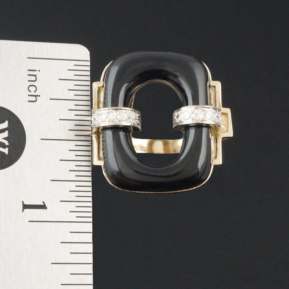 Modernist Two Tone Solid 14K Gold, Open Oval Onyx & Diamond Estate Cocktail Ring, Olde Towne Jewelers, Santa Rosa CA.
