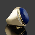 Heavy Solid 14K Yellow Gold Oval Lapis Lazuli Cabochon & Diamond Cigar Dome Ring