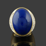 Heavy Solid 14K Yellow Gold Oval Lapis Lazuli Cabochon & Diamond Cigar Dome Ring, Olde Towne Jewelers, Santa Rosa CA.