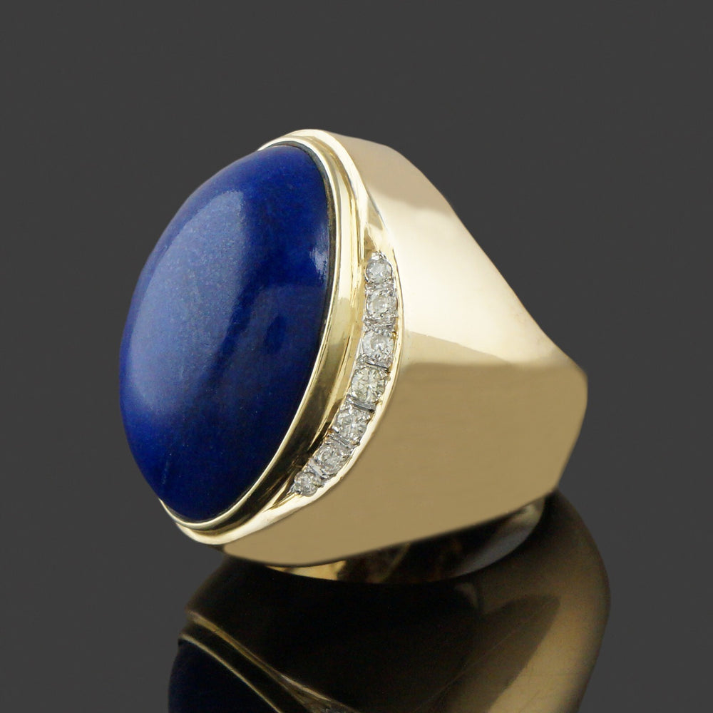 Heavy Solid 14K Yellow Gold Oval Lapis Lazuli Cabochon & Diamond Cigar Dome Ring, Olde Towne Jewelers, Santa Rosa CA.