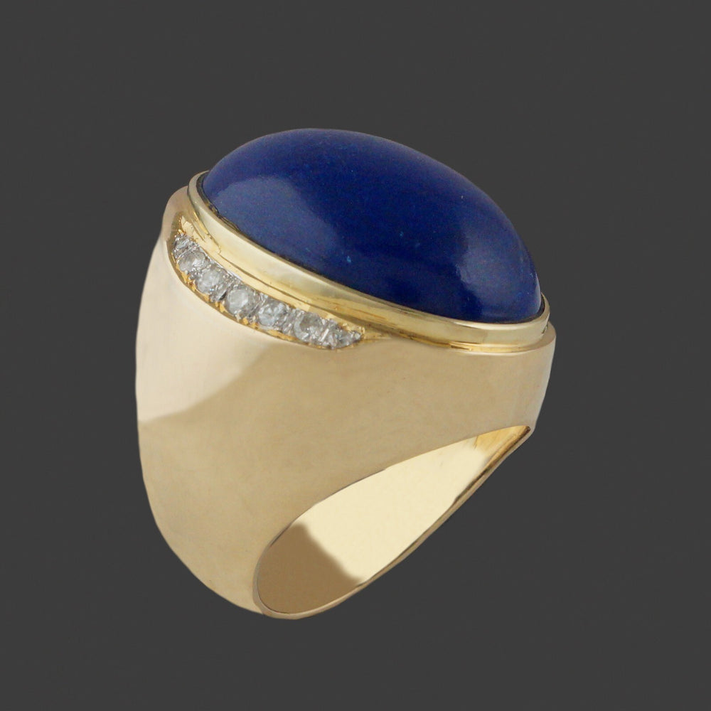 Heavy Solid 14K Yellow Gold Oval Lapis Lazuli Cabochon & Diamond Cigar Dome Ring, Olde Towne Jewelers, Santa Rosa CA.