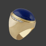 Heavy Solid 14K Yellow Gold Oval Lapis Lazuli Cabochon & Diamond Cigar Dome Ring, Olde Towne Jewelers, Santa Rosa CA.