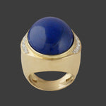 Heavy Solid 14K Yellow Gold Oval Lapis Lazuli Cabochon & Diamond Cigar Dome Ring, Olde Towne Jewelers, Santa Rosa CA.