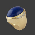 Heavy Solid 14K Yellow Gold Oval Lapis Lazuli Cabochon & Diamond Cigar Dome Ring, Olde Towne Jewelers, Santa Rosa CA.
