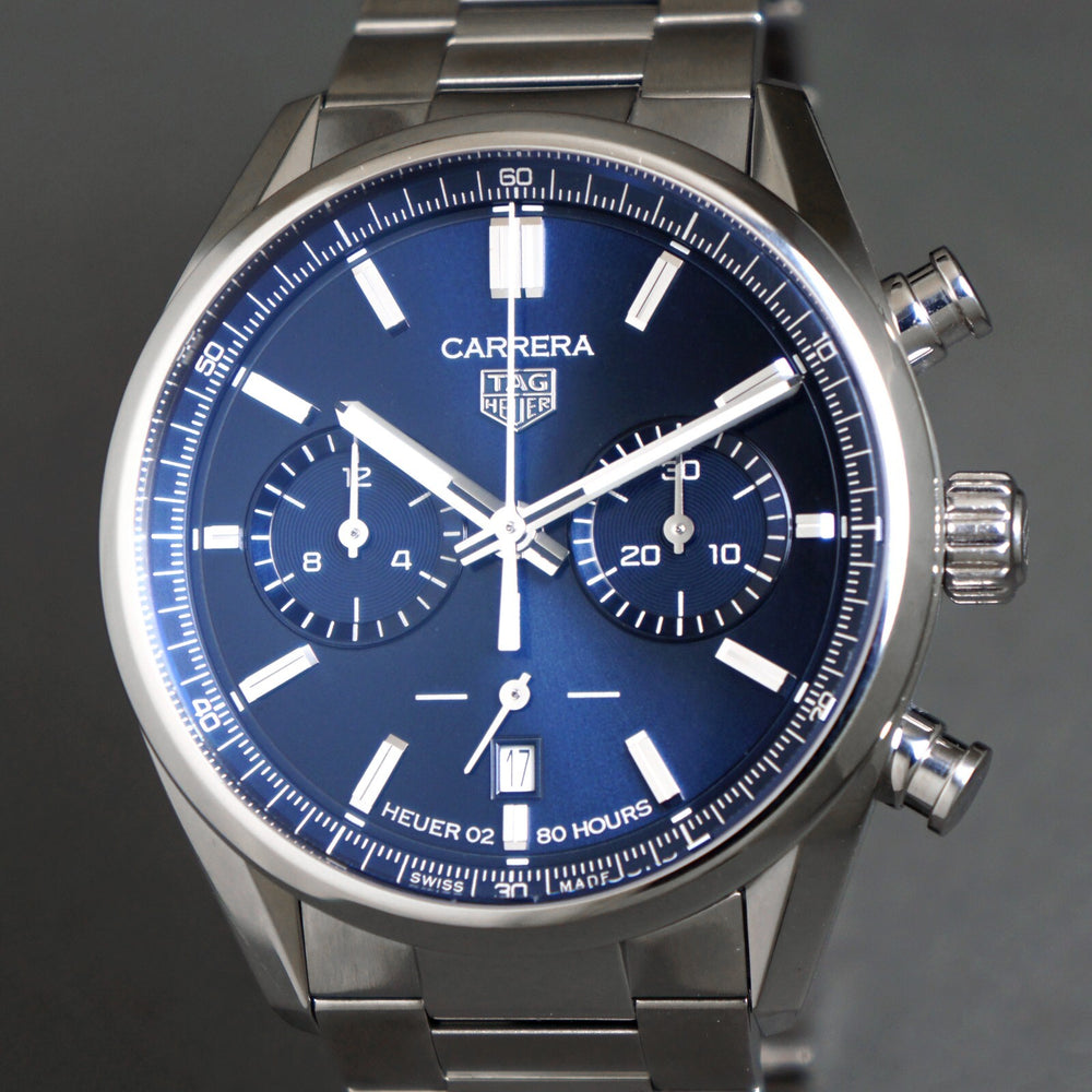 Stunning Tag Heuer Carrera CBN2011 Blue Dial Stainless Steel Chronograph Watch, Olde Towne Jewelers, Santa Rosa CA.