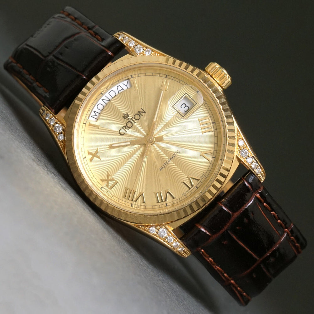 Stunning Croton Solid 18K Gold & Diamond Man's President Day Date Watch