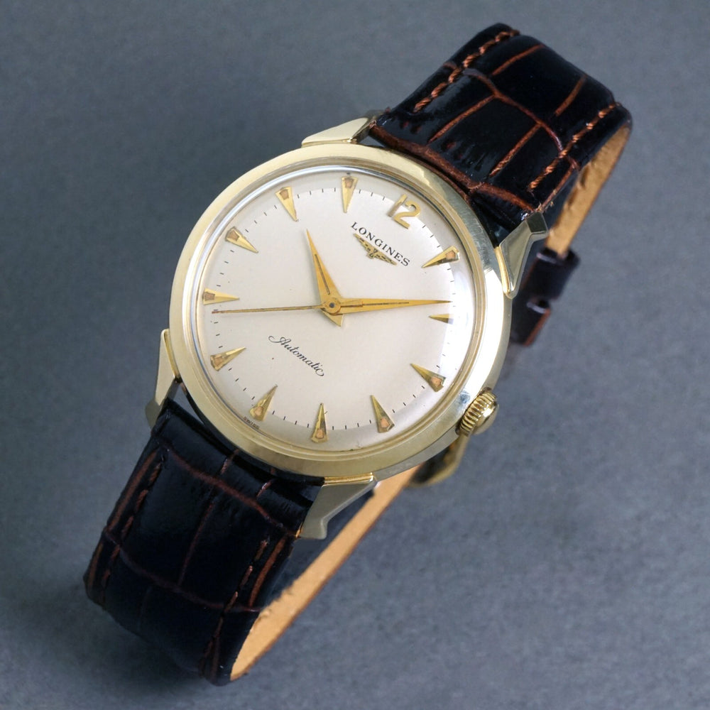 Stunning 1955 Longines Automatic Solid 14K Yellow Gold Fancy Lug Man's Watch, Olde Towne Jewelers, Santa Rosa CA.