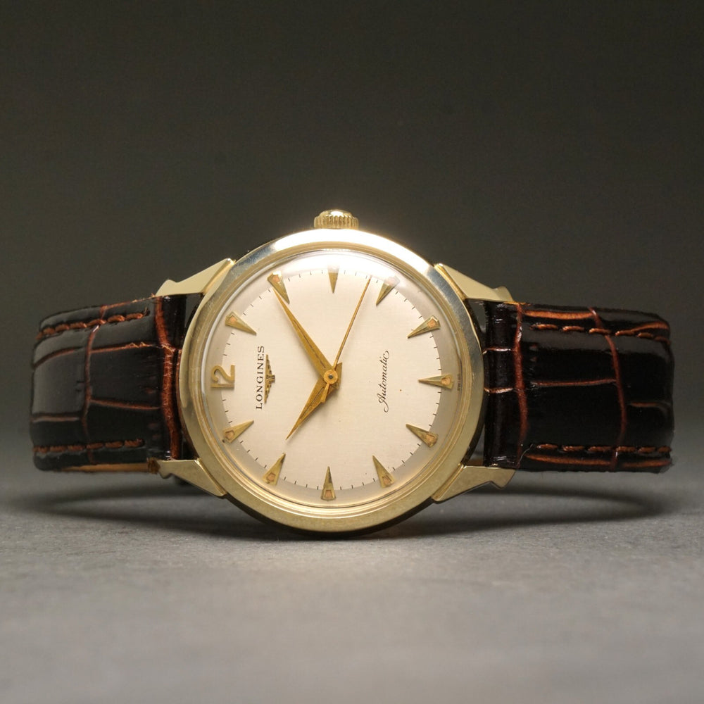 Stunning 1955 Longines Automatic Solid 14K Yellow Gold Fancy Lug Man's Watch, Olde Towne Jewelers, Santa Rosa CA.