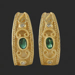 Etruscan Revival Solid 14K Yellow Gold, Emerald & Diamond Huggie J Hoop Earrings