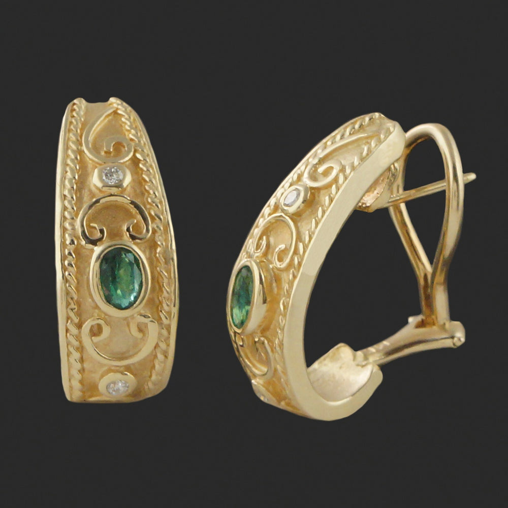 Etruscan Revival Solid 14K Yellow Gold, Emerald & Diamond Huggie J Hoop Earrings, Olde Towne Jewelers, Santa Rosa CA.