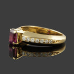 Solid 18K Yellow Gold, Pink Sapphire & Pavé Diamond Tapered Estate Ring, Olde Towne Jewelers, Santa Rosa CA.