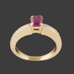 Solid 18K Yellow Gold, Pink Sapphire & Pavé Diamond Tapered Estate Ring, Olde Towne Jewelers, Santa Rosa CA.