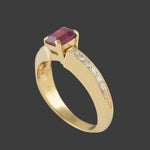 Solid 18K Yellow Gold, Pink Sapphire & Pavé Diamond Tapered Estate Ring, Olde Towne Jewelers, Santa Rosa CA.