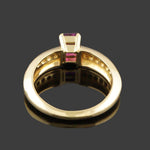 Solid 18K Yellow Gold, Pink Sapphire & Pavé Diamond Tapered Estate Ring, Olde Towne Jewelers, Santa Rosa CA.