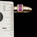 Solid 18K Yellow Gold, Pink Sapphire & Pavé Diamond Tapered Estate Ring, Olde Towne Jewelers, Santa Rosa CA.