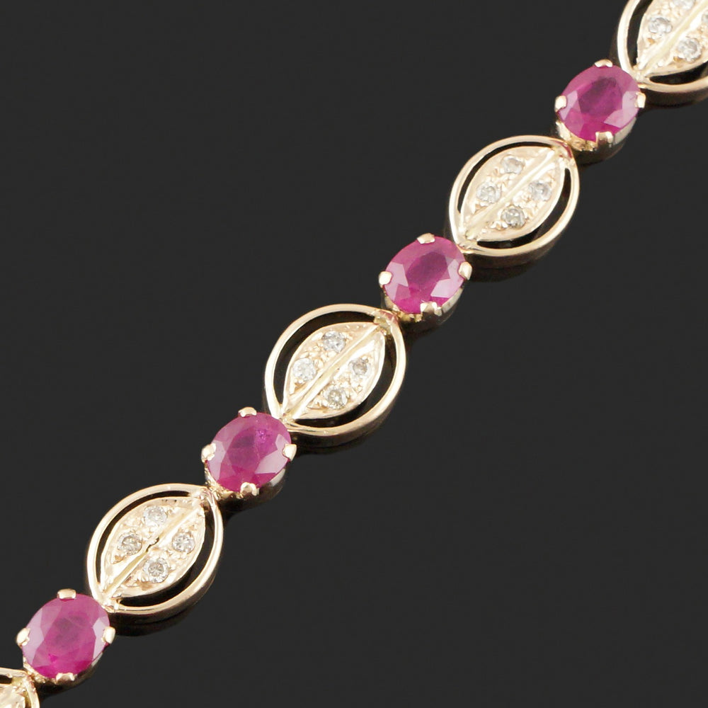 Solid 14K Yellow Gold Ruby & Diamond Set Floral Leaf Motif Link 7" Bracelet, Olde Towne Jewelers, Santa Rosa CA.