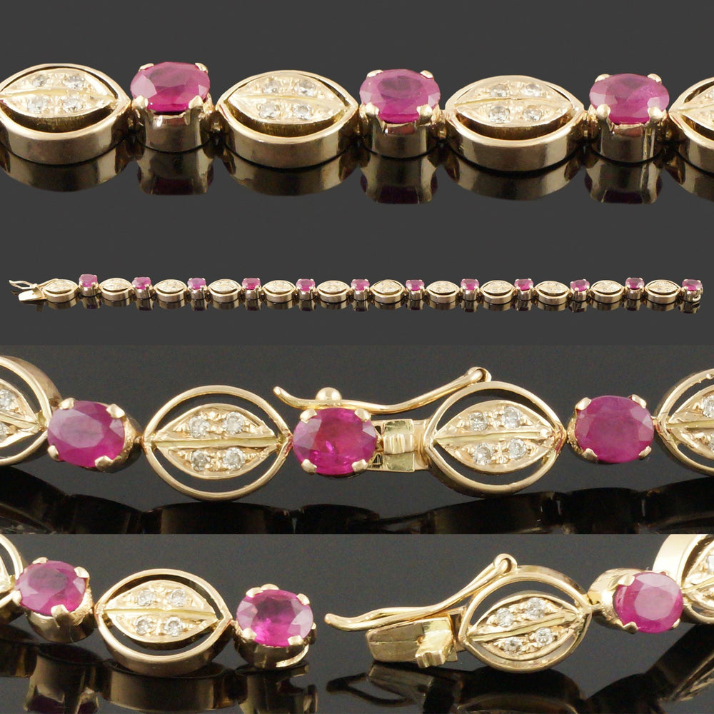 Solid 14K Yellow Gold Ruby & Diamond Set Floral Leaf Motif Link 7" Bracelet, Olde Towne Jewelers, Santa Rosa CA.