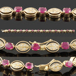 Solid 14K Yellow Gold Ruby & Diamond Set Floral Leaf Motif Link 7" Bracelet, Olde Towne Jewelers, Santa Rosa CA.