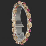 Solid 14K Yellow Gold Ruby & Diamond Set Floral Leaf Motif Link 7" Bracelet, Olde Towne Jewelers, Santa Rosa CA.