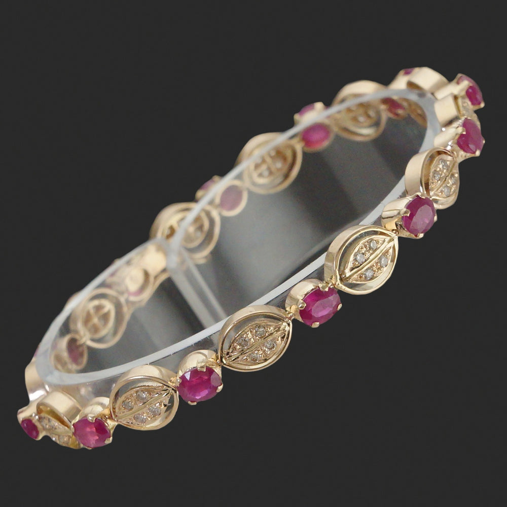 Solid 14K Yellow Gold Ruby & Diamond Set Floral Leaf Motif Link 7" Bracelet, Olde Towne Jewelers, Santa Rosa CA.
