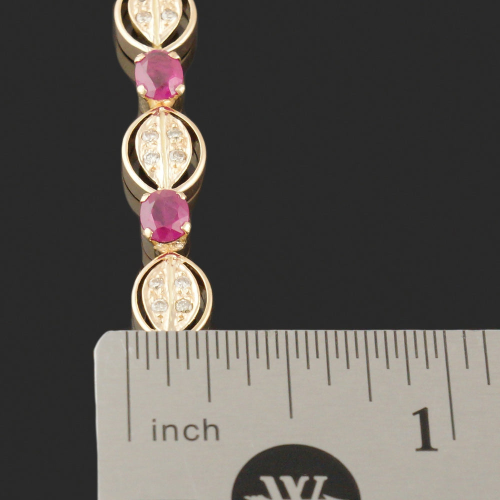 Solid 14K Yellow Gold Ruby & Diamond Set Floral Leaf Motif Link 7" Bracelet, Olde Towne Jewelers, Santa Rosa CA.
