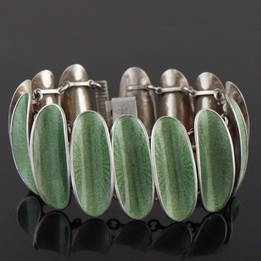 Vintage David Andersen Norway Sterling Silver & Green Guilloche Enamel Bracelet