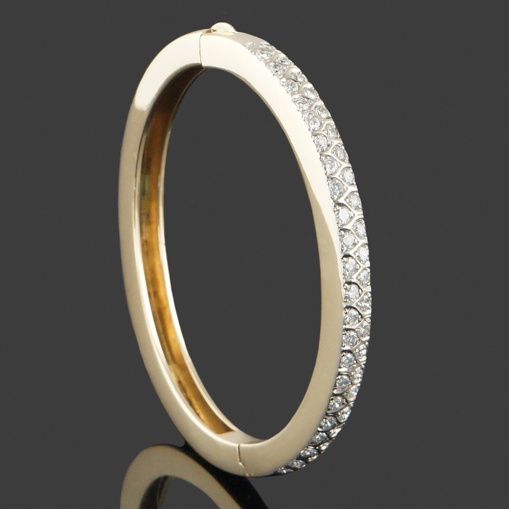 Solid 14K Gold, 2.20 CTW Interlaced Pavé Diamond 6.5" Hinged Bangle Bracelet, Olde Towne Jewelers, Santa Rosa CA.