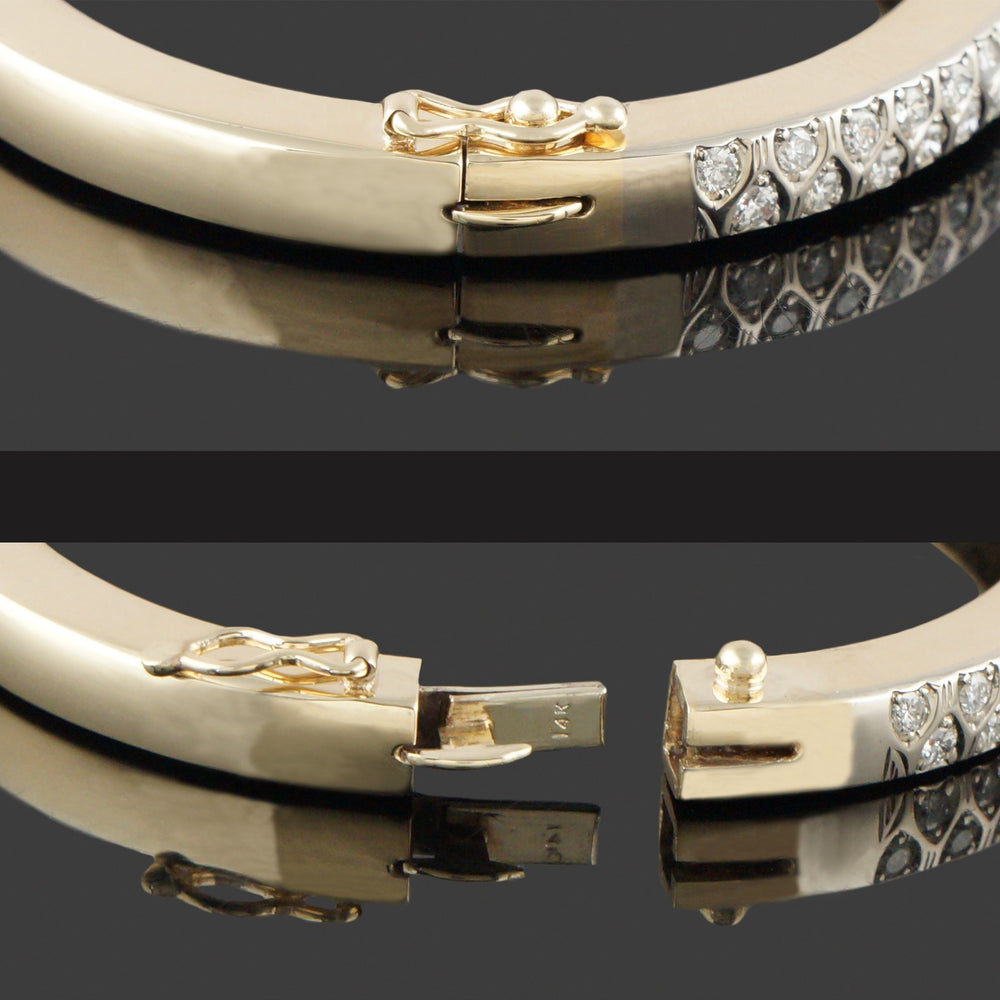 Solid 14K Gold, 2.20 CTW Interlaced Pavé Diamond 6.5" Hinged Bangle Bracelet, Olde Towne Jewelers, Santa Rosa CA.