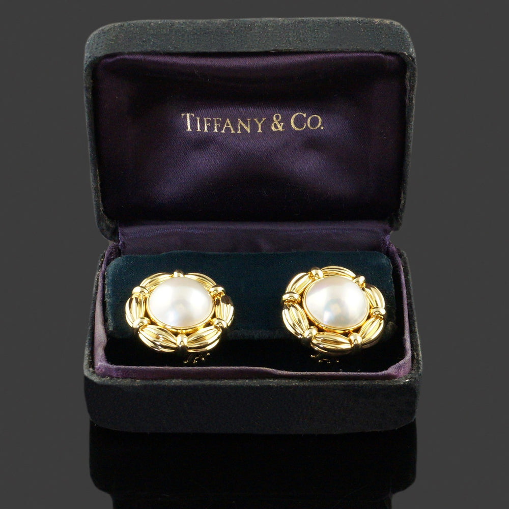 Tiffany & Co. Heavy Solid 18K Yellow Gold & Mabe Pearl Earrings W/Original Box