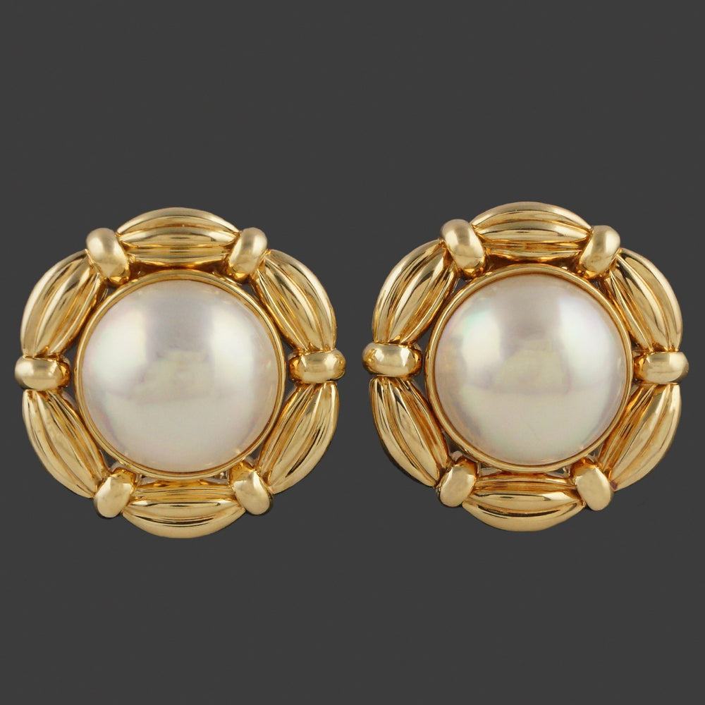 Tiffany & Co. Heavy Solid 18K Yellow Gold & Mabe Pearl Earrings W/Original Box, Olde Towne Jewelers, Santa Rosa CA.