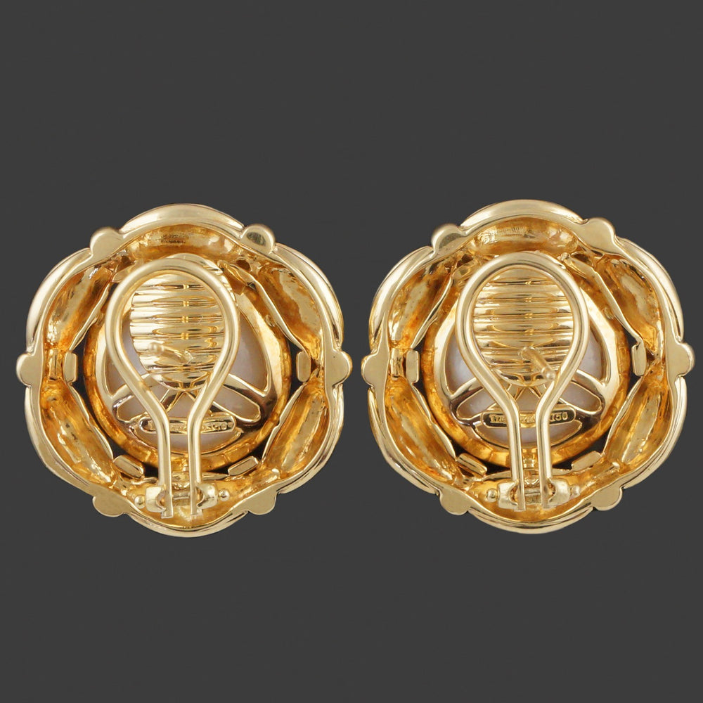 Tiffany & Co. Heavy Solid 18K Yellow Gold & Mabe Pearl Earrings W/Original Box, Olde Towne Jewelers, Santa Rosa CA.