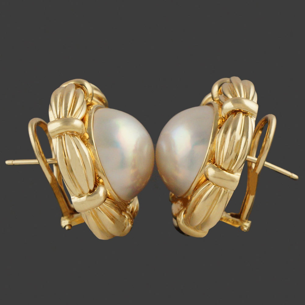 Tiffany & Co. Heavy Solid 18K Yellow Gold & Mabe Pearl Earrings W/Original Box, Olde Towne Jewelers, Santa Rosa CA.