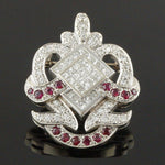 Retro Deco Solid 14K White Gold 4.05 CTW Diamond & 1.26 CTW Ruby Brooch, Pendant