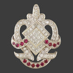 Retro Deco Solid 14K White Gold 4.05 CTW Diamond & 1.26 CTW Ruby Brooch, Pendant, Olde Towne Jewelers, Santa Rosa CA.