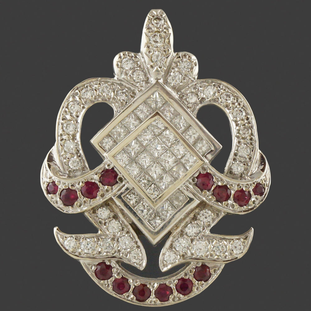 Retro Deco Solid 14K White Gold 4.05 CTW Diamond & 1.26 CTW Ruby Brooch, Pendant, Olde Towne Jewelers, Santa Rosa CA.