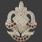 Retro Deco Solid 14K White Gold 4.05 CTW Diamond & 1.26 CTW Ruby Brooch, Pendant, Olde Towne Jewelers, Santa Rosa CA.