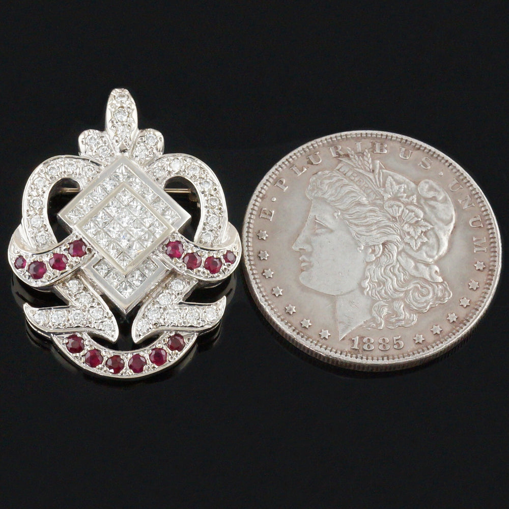 Retro Deco Solid 14K White Gold 4.05 CTW Diamond & 1.26 CTW Ruby Brooch, Pendant, Olde Towne Jewelers, Santa Rosa CA.