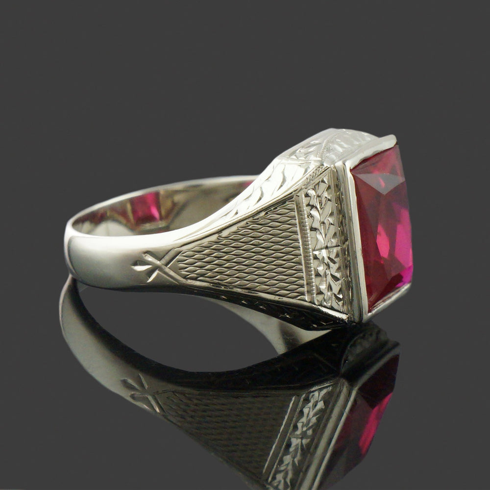 Art Deco Solid 14K White Gold, Red Glass Man's Cigar Band Estate Signet Ring