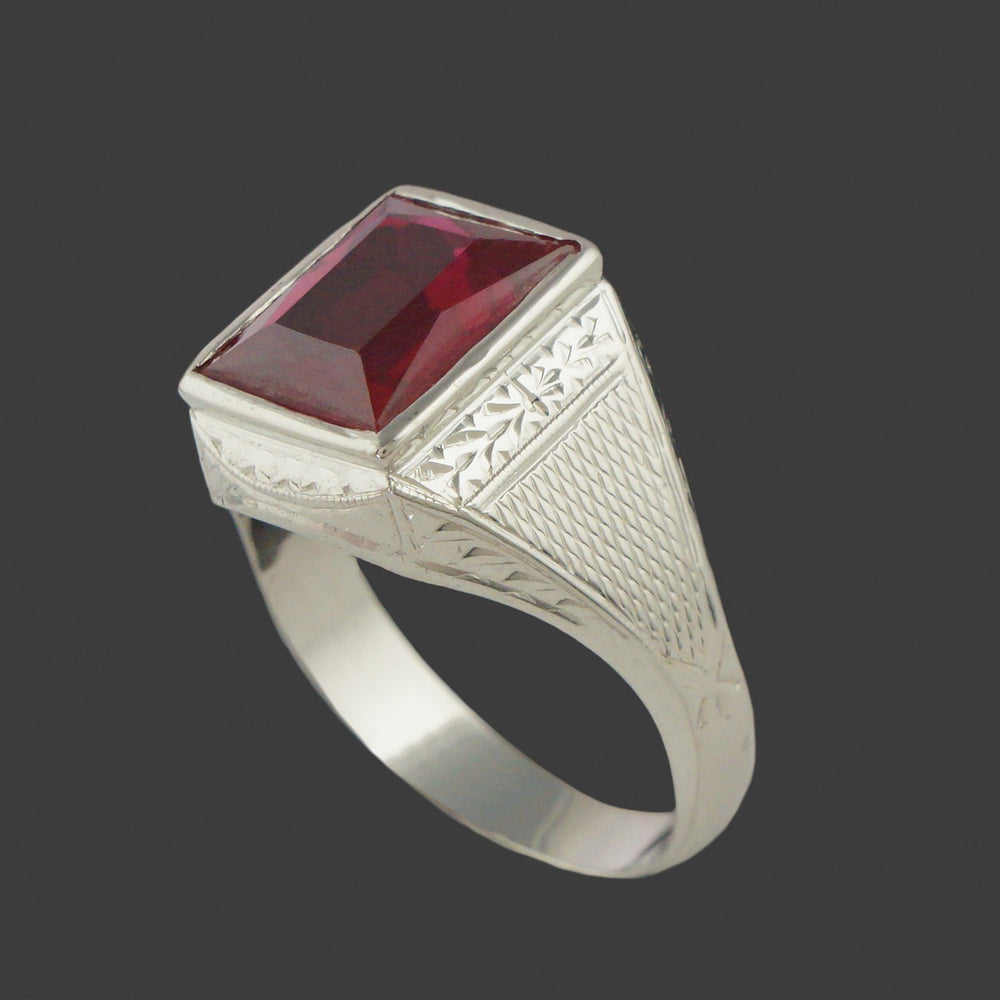 Art Deco Solid 14K White Gold, Red Glass Man's Cigar Band Estate Signet Ring, Olde Towne Jewelers, Santa Rosa CA.